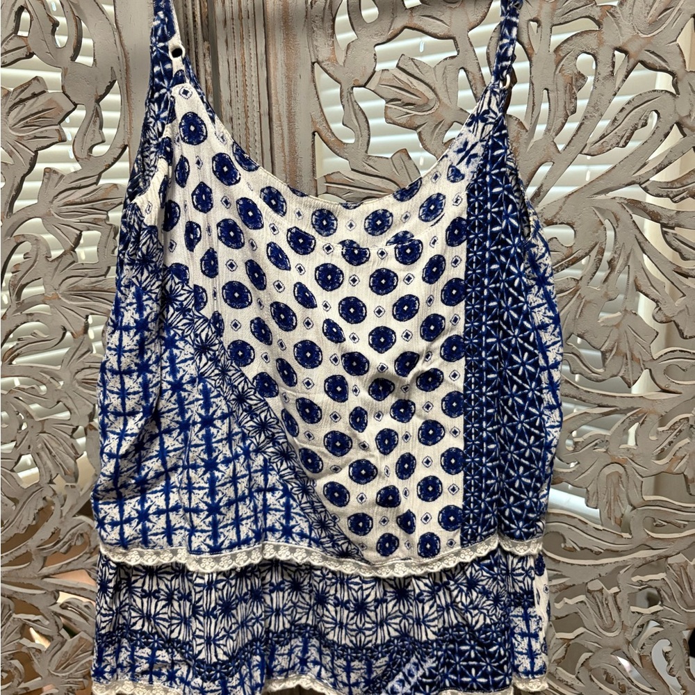 Patrons of Peace Asymmetrical Blue and White Camisole